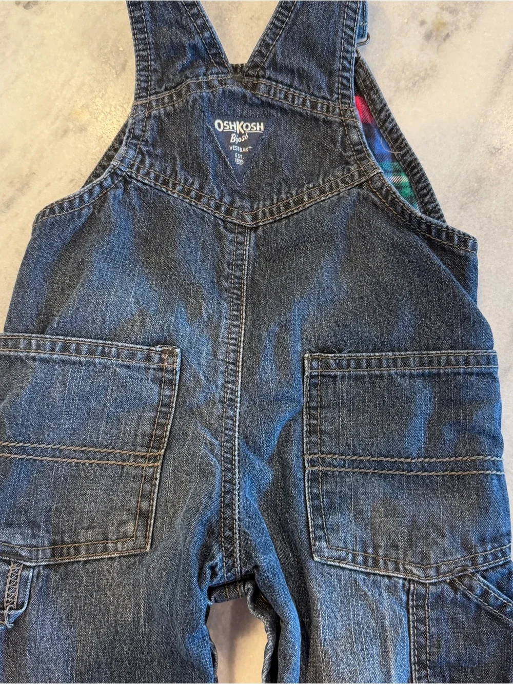OshKosh B'gosh Dark Blue Denim Plaid Flannel Lined Baby Boy Overalls 12 Months